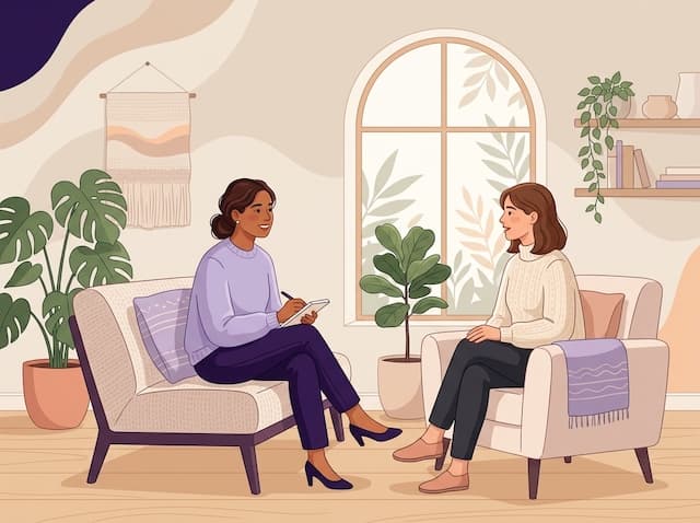 Compassionate psychiatrist and patient discussing mental wellbeing in a warm, welcoming consultation room